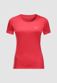 Women's short-sleeve, bright red crew neck t-shirt with Jack Wolfskin logo on the upper left chest, displayed on plain background.
