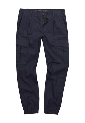 Marine cargobukser med sidelommer, elastiske mansjetter, lynlås og knaplukning. Fremstillet af et let og holdbart stof.