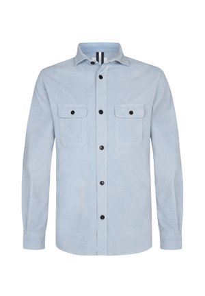 Lichtblauwe langemouwen shirt gemaakt van zachte stof, met twee borstzakken, zwarte knopen en een button-down kraag.