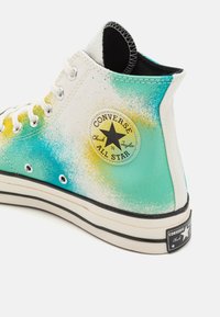 Vysoké tenisky Converse s plátěným svrškem v přechodu od tyrkysové po žlutou, černou gumovou podešví a ikonickou nášivkou s hvězdou.