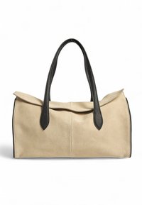 Bežinė suede rankinė su juodais odos akcentais, struktūriška forma ir dviem rankenomis. Viršuje turi sulenktą atidaromąją angą.