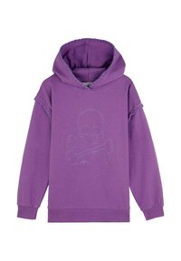 Haut à capuche violet avec un design de skull et d'os croisés, bordure volante aux manches, et un tissu doux et texturé. Coutures détaillées visibles.