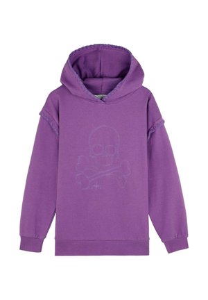 Felpa viola con design di teschio e tibie, bordo arricciato sulle maniche e tessuto morbido e texture. Cuciture visibili in dettaglio.