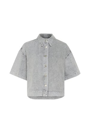 Gray denim short-sleeve shirt with a spread collar, front button closure, and visible stitching details. Relaxed fit and cropped design.