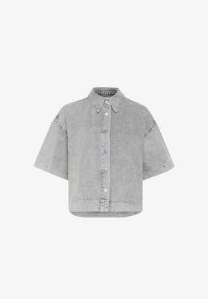 Szürke farmer anyagú, rövid ujjú ing nyitott gallérral, elülső gombos záródással és látható varrási részletekkel. Laza szabású és rövidített design.