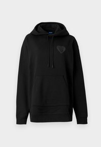 Black hoodie made of soft fabric, featuring a kangaroo pocket, drawstrings, and a glossy heart logo on the chest. Simple, relaxed fit.
