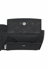 Black fabric wallet unfolded showing two open compartments and a snap button closure with subtle printed pattern inside flap.