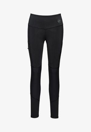Schwarze Sportleggings mit hohem Bund, glatter Textur, Seitentaschen und kontrastierenden Paneeldesigns entlang der Beine.