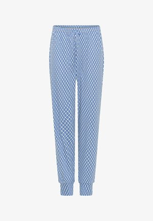 Pantaloni blu con un motivo a diamante, polsini elastici e vita con cordino, realizzati in tessuto morbido.