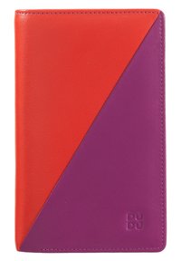 Leather wallet featuring a diagonal split design in vibrant red and purple, smooth texture, and embossed branding on the bottom right corner.