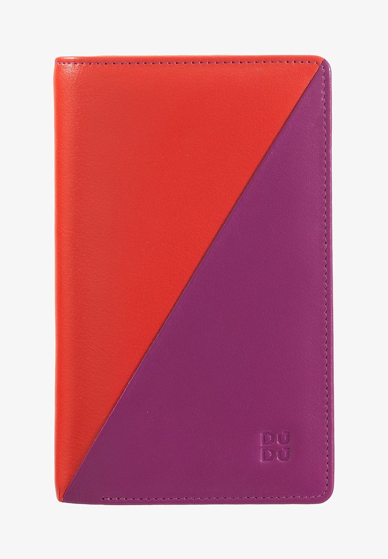 Leather wallet featuring a diagonal split design in vibrant red and purple, smooth texture, and embossed branding on the bottom right corner.