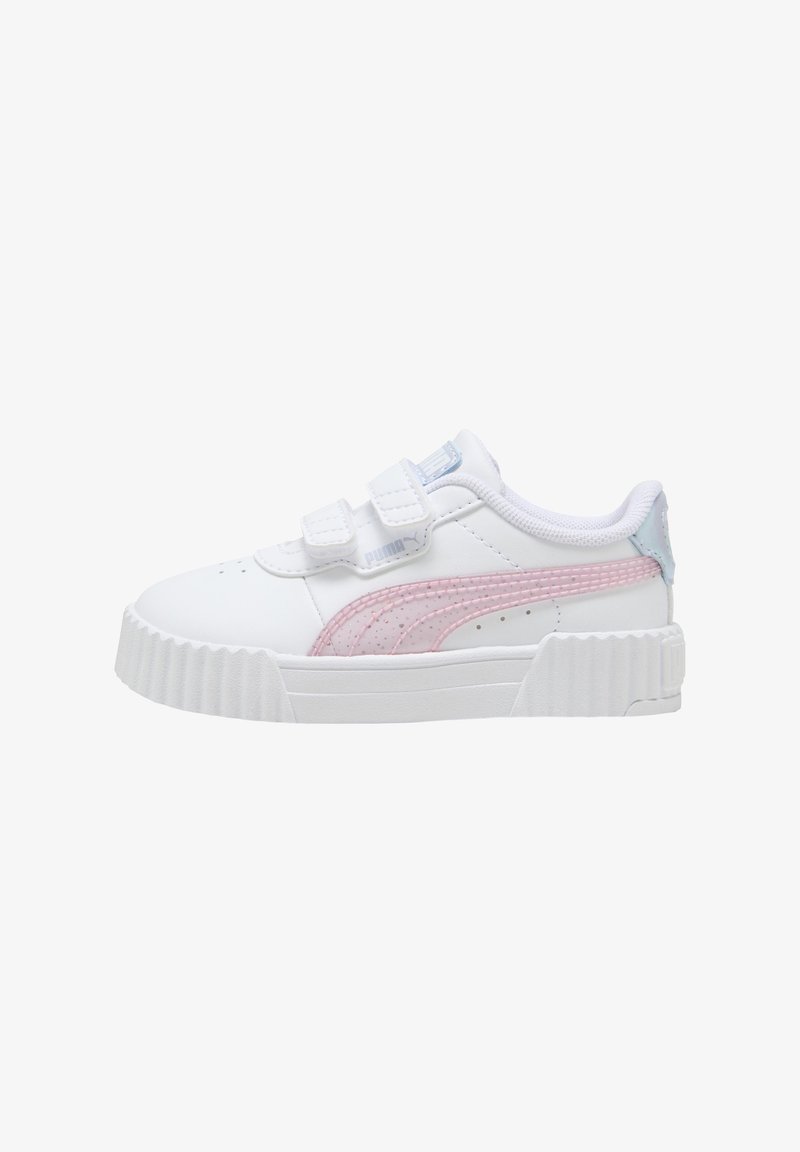 White sneakers with a textured rubber sole, Velcro straps, and a pink suede accent stripe. Features a lightly padded collar and tongue.