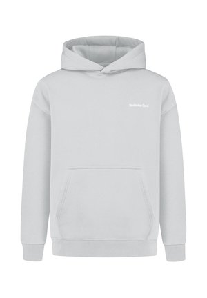 Lys grå hættetrøje med en frontlomme, ribbede manchetter og et lille hvidt logo på brystet. Blød tekstur og klassisk pasform.