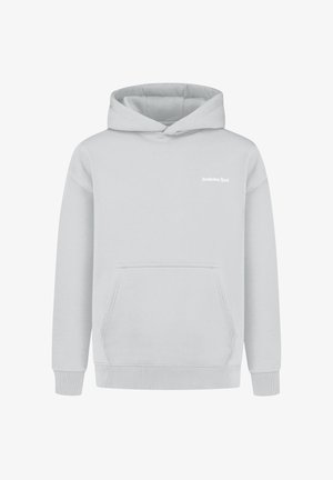 Jasnoszara bluza z kapturem, z przednią kieszenią, ściągaczami przy rękawach i małym białym logo na piersi. Miękka faktura i klasyczny krój.
