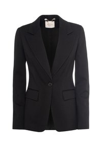 Blazer nero realizzato in tessuto liscio, con colletto a becco, due tasche frontali e chiusura con un solo bottone. Design elegante e sartoriale.