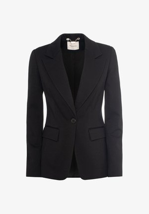 Blazer nero realizzato in tessuto liscio, con colletto a becco, due tasche frontali e chiusura con un solo bottone. Design elegante e sartoriale.