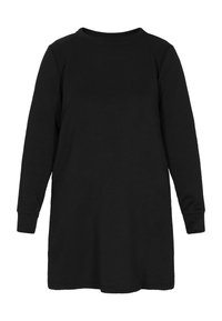 Schwarzes langärmliges Kleid mit Rundhalsausschnitt, das ein strukturiertes geometrisches Muster aufweist und eng anliegende Bündchen hat. Leicht lockere Passform, knielang.