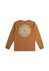 Long-sleeve, crew-neck t-shirt in brown cotton with a large cream graphic featuring a spiral design and text on the back.