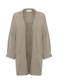 Strickcardigan in hellem Taupe mit offenem Vorderteil, fallenden Schultern und hochgekrempelten Ärmeln. Das strukturierte Muster verleiht dem Design Weichheit.