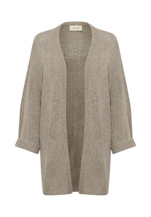 Knit cardigan in light taupe with open front, dropped shoulders, and turned-up sleeves. Textured pattern adds softness to the design.