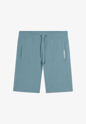 Pantalones cortos azules con cintura elástica, cordón ajustable, bolsillos laterales y logo "FREDDY" en el área del bolsillo derecho.