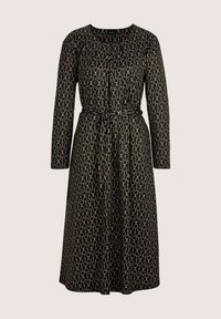 Schwarzes, langärmliges Midikleid mit beigem Kettenmuster, Rundhalsausschnitt und gebundenem Taillengürtel.