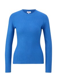 Maglione a maniche lunghe blu a costine con scollatura rotonda, realizzato in tessuto lavorato a maglia testurizzata, caratterizzato da righe verticali e una silhouette aderente.