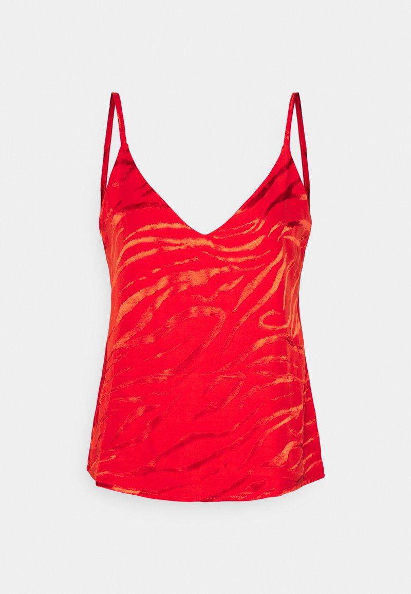 Top vermelho sem mangas com um decote em V profundo, apresentando um padrão texturizado de riscas de zebra em tons de vermelho escuro e laranja. Acabamento de tecido suave.