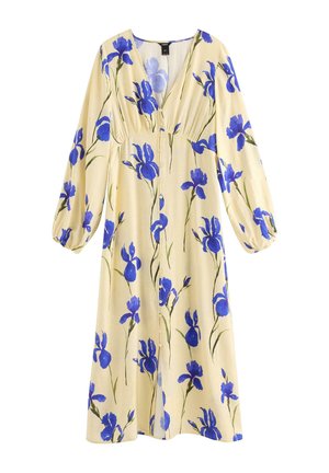 Abito midi a maniche lunghe color crema con profondo scollo a V, chiusura con bottoni sul davanti e stampa floreale blu con iris.