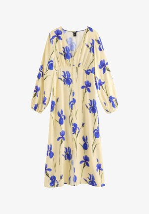 Abito midi a maniche lunghe color crema con profondo scollo a V, chiusura con bottoni sul davanti e stampa floreale blu con iris.