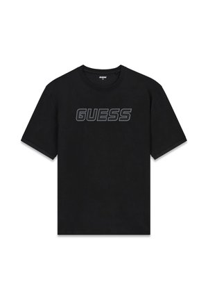 Zwart T-shirt met korte mouwen en ronde hals, met het "GUESS" logo in donkergrijs gedrukt op de borst.