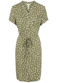 Kleid mit kurzen Ärmeln in Olivgrün, mit floralem Muster, Knopfleiste vorne und einem Taillendetail zum Binden für eine verstellbare Passform. Hergestellt aus leichtem Stoff.