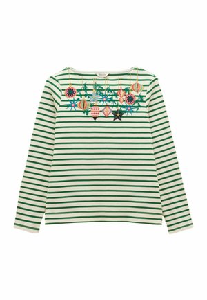 Long-sleeve white shirt with green horizontal stripes featuring colorful hanging Christmas ornament designs across the chest.