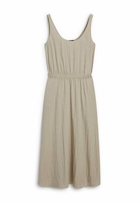 Robe beige sans manches avec un col rond, une taille froncée et une jupe fluide. Confectionnée en matière texturée avec une coupe décontractée.