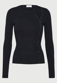 Top lung cu maneci lungi, negru, cu decolteu rotund, cu un design asimetric unic și o serie de nasturi asortați pe o parte.