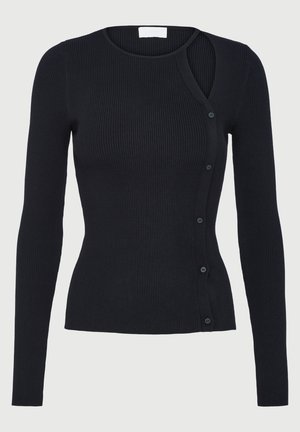 Black ribbed long-sleeve top with a scoop neckline, featuring a unique asymmetrical design and a series of matching buttons on one side.