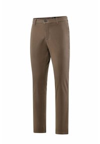 Bruine katoenen broeken met een slim fit, voorzien van een knoopsluiting, riemlussen, zijzakken en een soepele textuur.