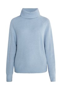 Jasnoniebieski sweter z dzianiny z wysokim kołnierzem, raglanowymi rękawami, prążkowaną fakturą i luźnym krojem. Udekorowany szerokim dołem i mankietami.