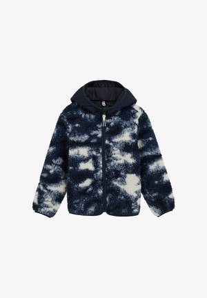Gyermek zipzáras polárdzseki tengerészkék és fehér, felhőkre emlékeztető mintával, rugalmas mandzsettákkal és sötét tengerészkék, csuklyával.