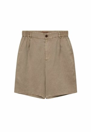 Beige linnen shorts met elastische tailleband, knoopsluiting, zijzakken en nette plooien aan de voorkant.