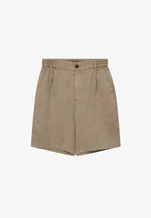 Bézs színű vászon rövidnadrág rugalmas derékpánttal, gombos záródással, oldalzsebekkel és szabott redőkkel elöl.