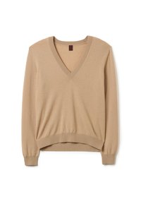 Suéter beige de cuello en V con mangas largas, puños y dobladillo acanalados, hecho de un material suave y liso. Ajuste ligeramente relajado con detalles de costura sutiles.