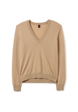 Pull beige en V à manches longues, avec des poignets et un ourlet côtelés, fabriqué en matériau doux et lisse. Coupe légèrement décontractée avec des détails de couture subtils.