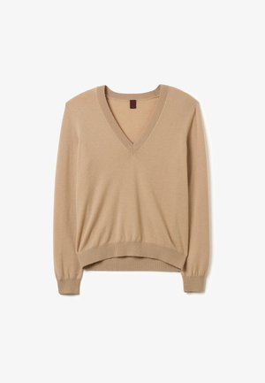 Pull beige en V à manches longues, avec des poignets et un ourlet côtelés, fabriqué en matériau doux et lisse. Coupe légèrement décontractée avec des détails de couture subtils.