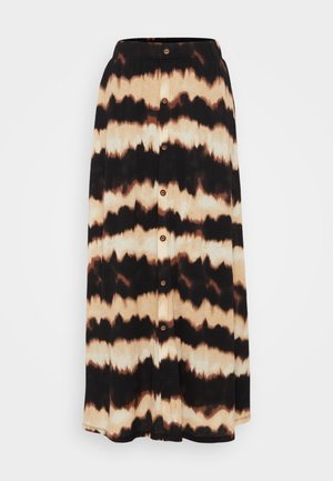 Fustă lungă, cu straturi, având un model tie-dye în nuanțe de negru, maro și crem. Butoane pe față, realizate dintr-un material texturat.