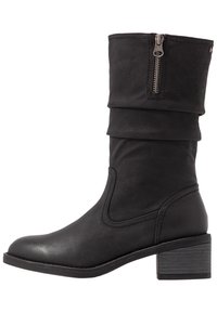 Svart läder ankboot med en slouchy design, som har dragkedja på sidan, rund tå och en staplad blockklack. Texturerad finish.