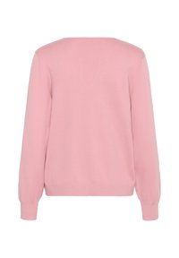 Maglione rosa con una consistenza morbida, scollatura rotonda e maniche lunghe. Presenta una vestibilità comoda e orli e polsini a costine. Vista posteriore mostrata.