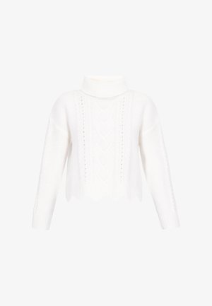Maglione bianco lavorato a maglia con collo alto, design corto, motivo a trecce e orlo ondulato. Presenta maniche lunghe e tessuto texturizzato.