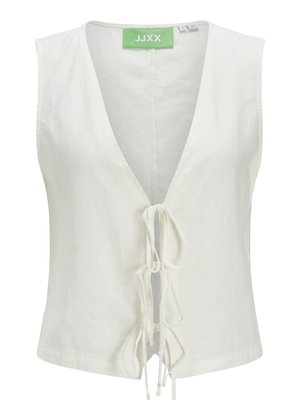 White sleeveless top with a deep V-neck, featuring a front tie closure and subtle texture. Label on the neck is green with "JJXX" printed.