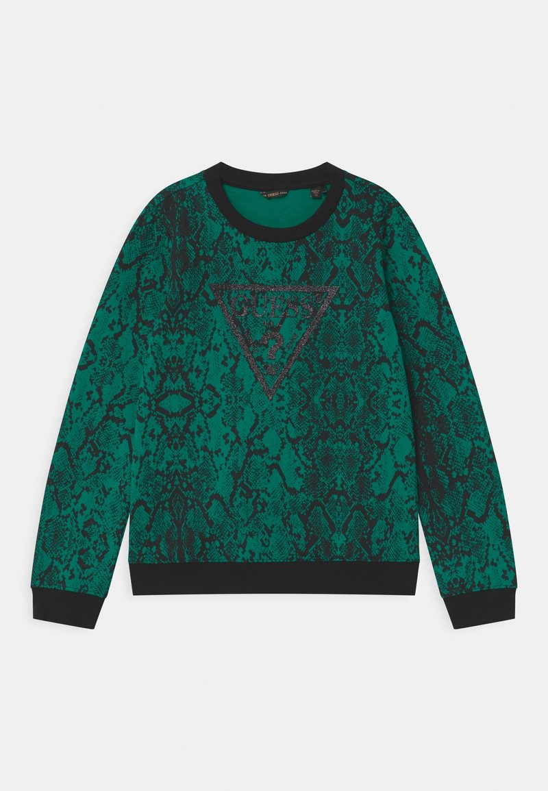 Sudadera verde con estampado de patrón de pitón, con cuello y puños negros. Cuenta con un logo triangular negro en el pecho con detalles texturizados.